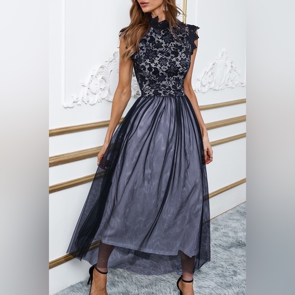 ::SOLD::Black High Neck Sleeveless Crochet Lace Mesh
Lined Evening Dress👗 - Picture 1 of 16